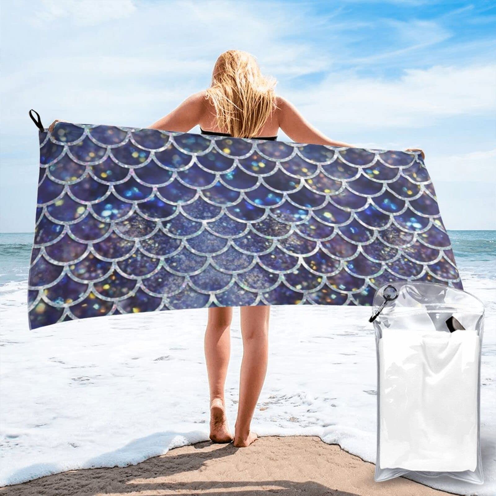 Lawenp Fish Scales 1 Microfiber Beach Towel Adults Large Quick Drying Bath Towel Travel Towels with Pouch 27.5"x55"