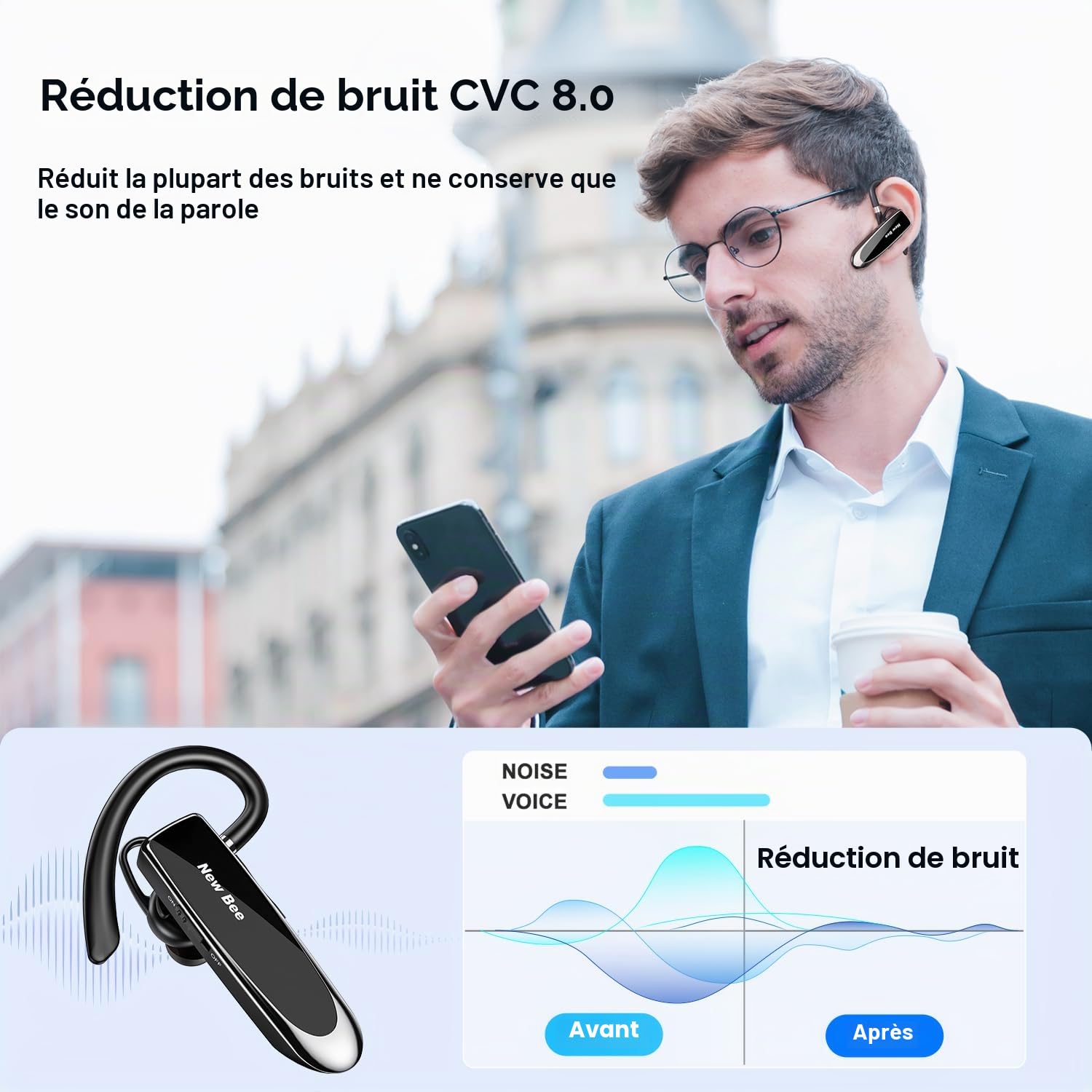 New Bee Oreillette Bluetooth V5.0 Main Libre avec Technologie de Capture de Voix Claire - Kit Invisible pour iPhone Samsung Huawei Sony, etc (Noir)