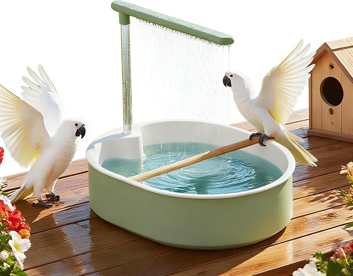 Automatic Bird Bath for Cage with USB Pump & Gentle Rain Shower, Adjustable Flow & Height, Large Indoor Bathtub with Non-Slip Perch for Parakeet, Cockatiel, Budgie, Lovebird, and Parrot