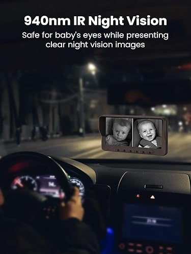Miniatura 4 de GROWNSY Monitor de bebé con cámara dual para automóvil, 7 pulgadas, 1080P AHD para 2 niños, espejo de asiento trasero para bebé con visión nocturna
