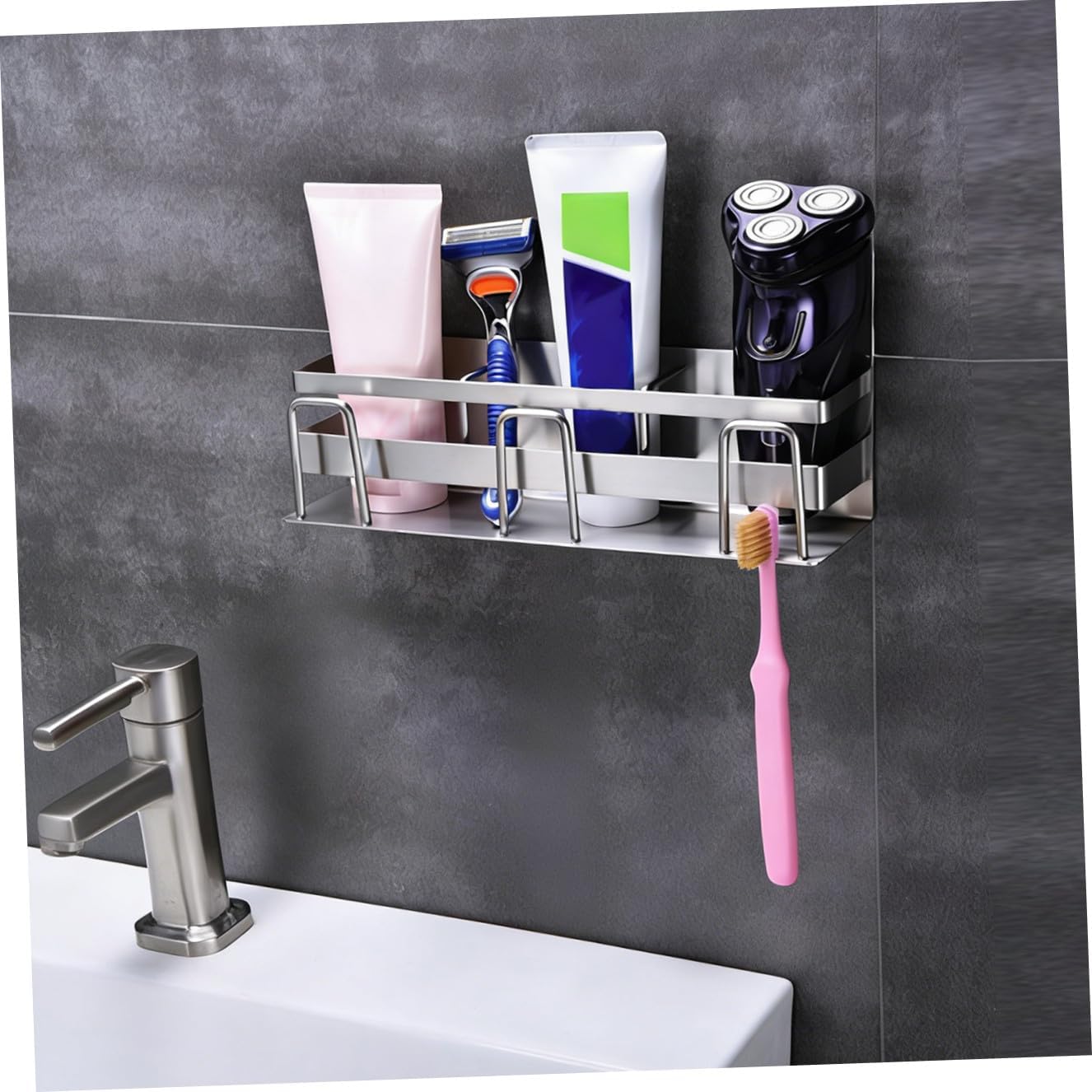 1pc Stainless Steel Toothbrush Holder No Punching Practical Bathroom Utensil for Home Hotel Use Space-Saving Toothbrush and Toothpaste Rack Silver