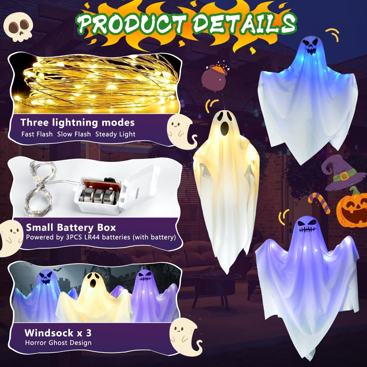LUZOON Decorazione per Halloween, per esterni, Halloween, 3 pezzi, 65 x 70 cm, con luci a LED, fantasma, sacco a vento, decorazione da appendere per interni ed esterni, giardino horror
