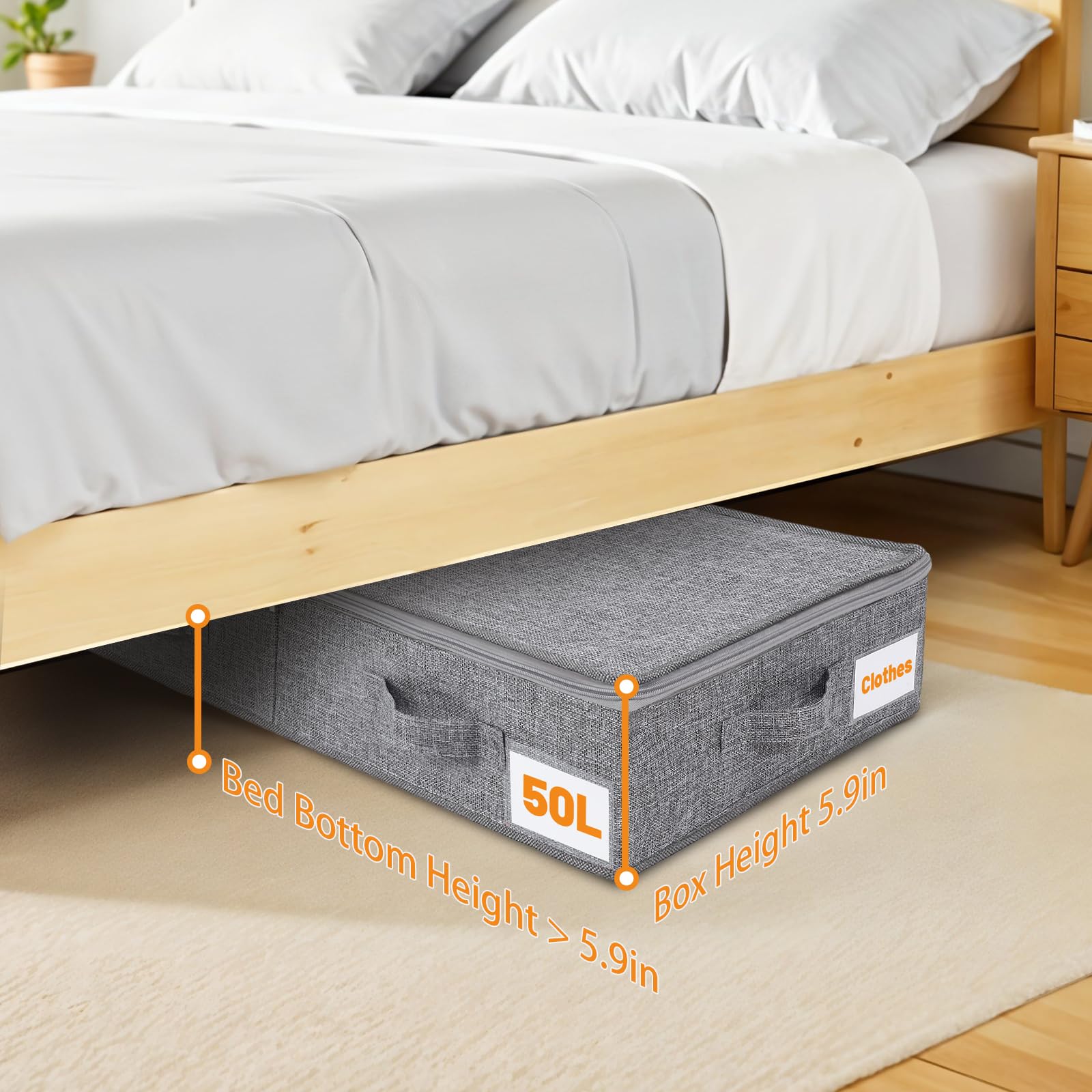 Confezione da 2 scatole portaoggetti da 50 l con coperchio, pieghevoli, in lino, con pareti laterali robuste, cassetti sotto il letto con 4 maniglie per vestiti, coperte, scarpe