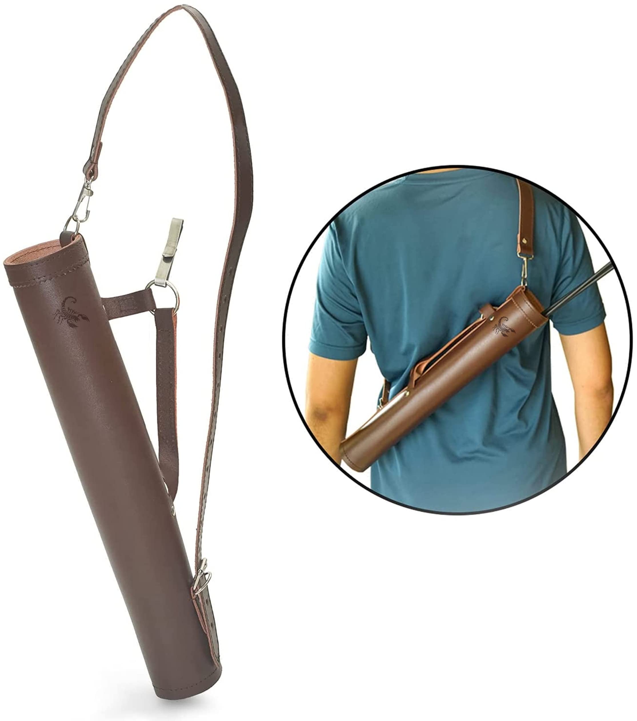 Scorpion Archery Back Arrow Quiver - Genuine Leather Arrow Case - Traditional Handmade Archery Quiver for Hunting & Target Practicing - Adjustable Lightweight & Comfortable Cow Leather