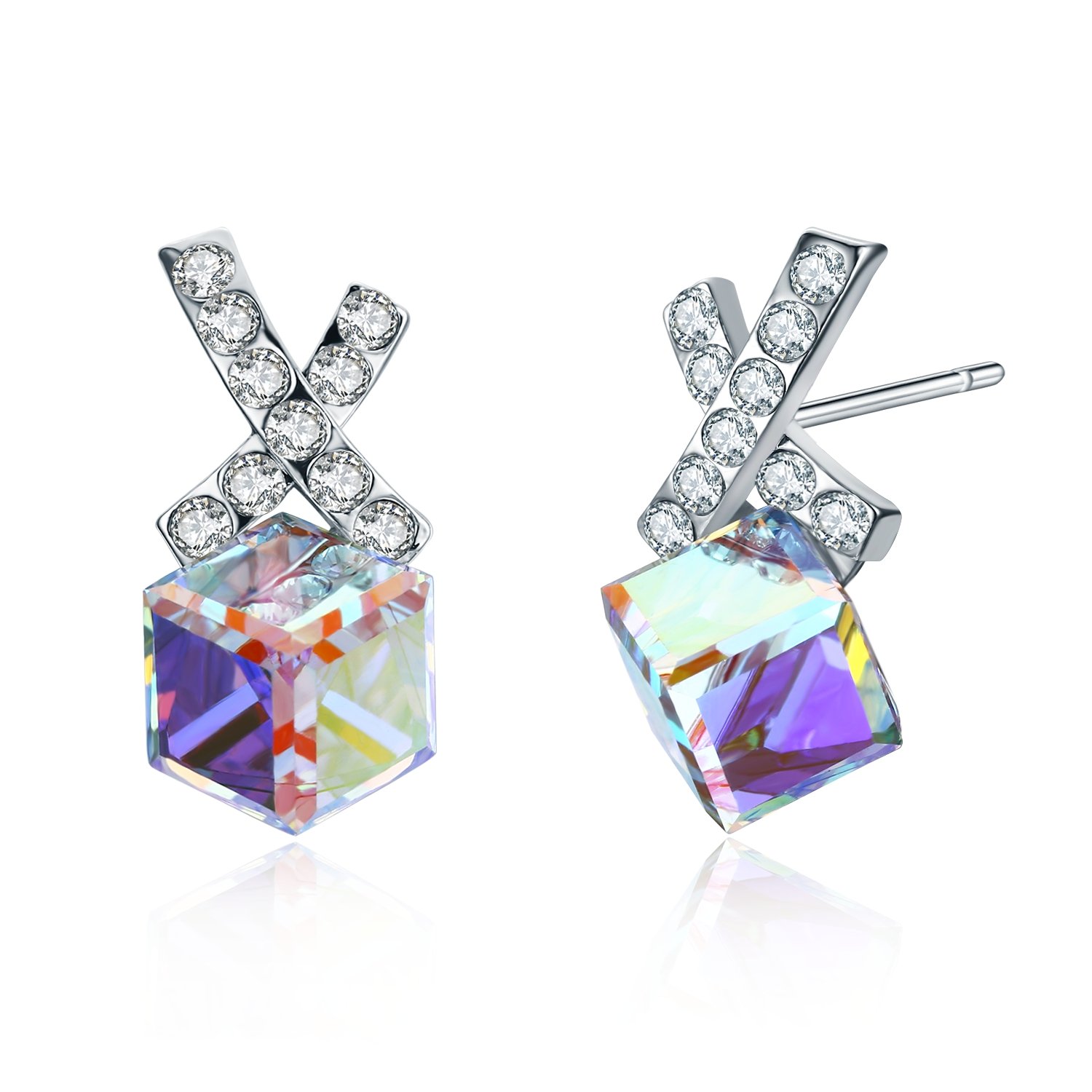 SBLINGPlatinum-Plated Cube Stud Earrings Made with Swarovski Crystals (3 cttw)