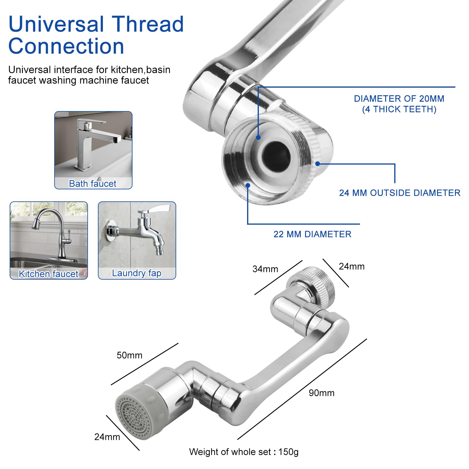 Duotap Rubinetto Allungabile con Rotazione 360° Prolunga Bagno Cucina Girevole 1080 Snodo per Lavandino Adattatore Universale 2 Pezzi