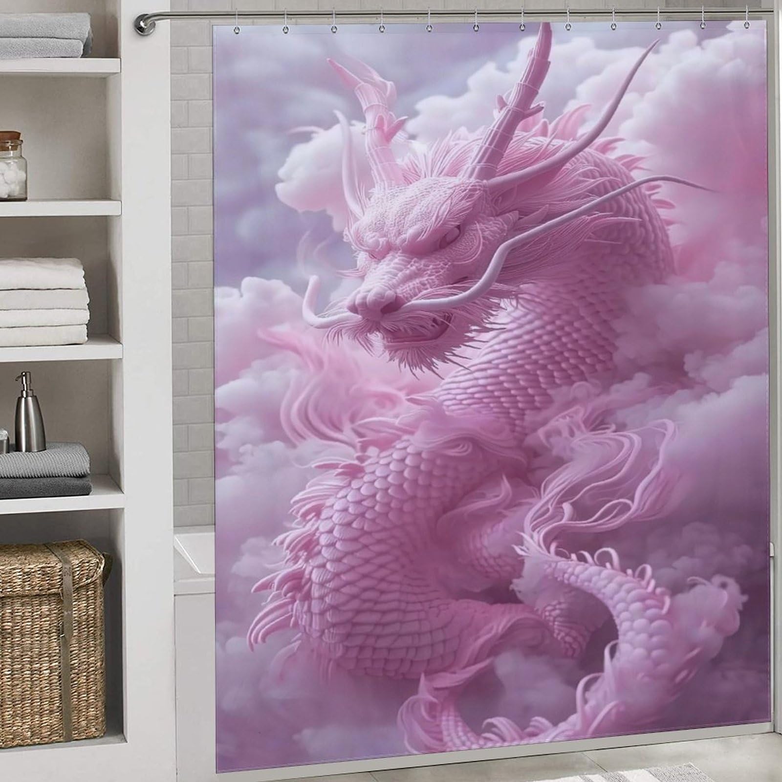 PAZZK Cute Dragon Shower Curtain Bathroom Curtain Waterproof Polyester Fabric Bath Curtain with 12 Hooks 72x72Inch (183x183cm)