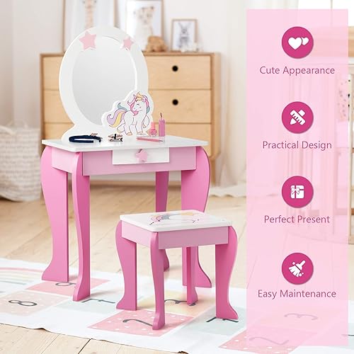 Miniatura 5 de Costzon Juego de tocador para niños con espejo, tocador de madera de princesa 2 en 1 con parte superior desmontable, tocador para niñas pequeñas con