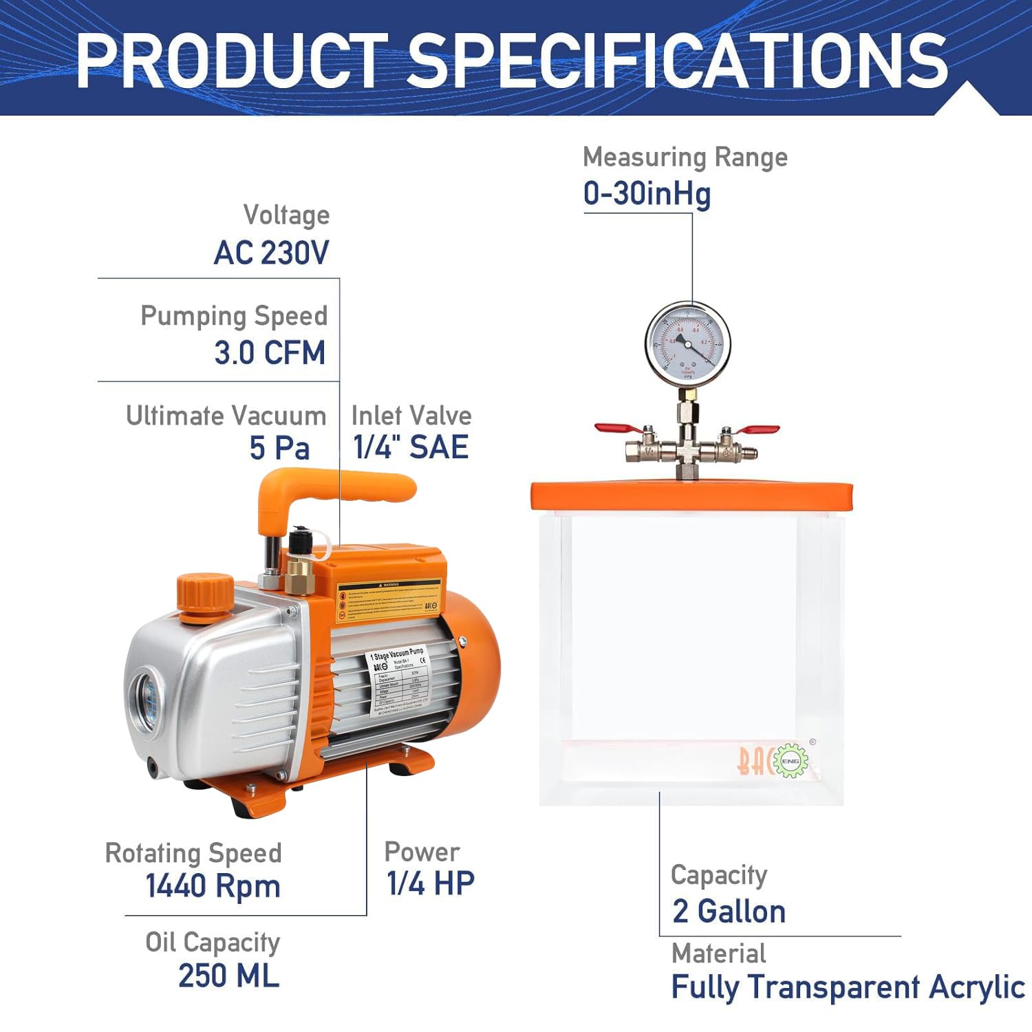 BACOENG 7,6L Vakuumkammer mit 3,0CFM Einstufige Vakuumpumpe Unterdruckpumpe mit Manometer HVAC