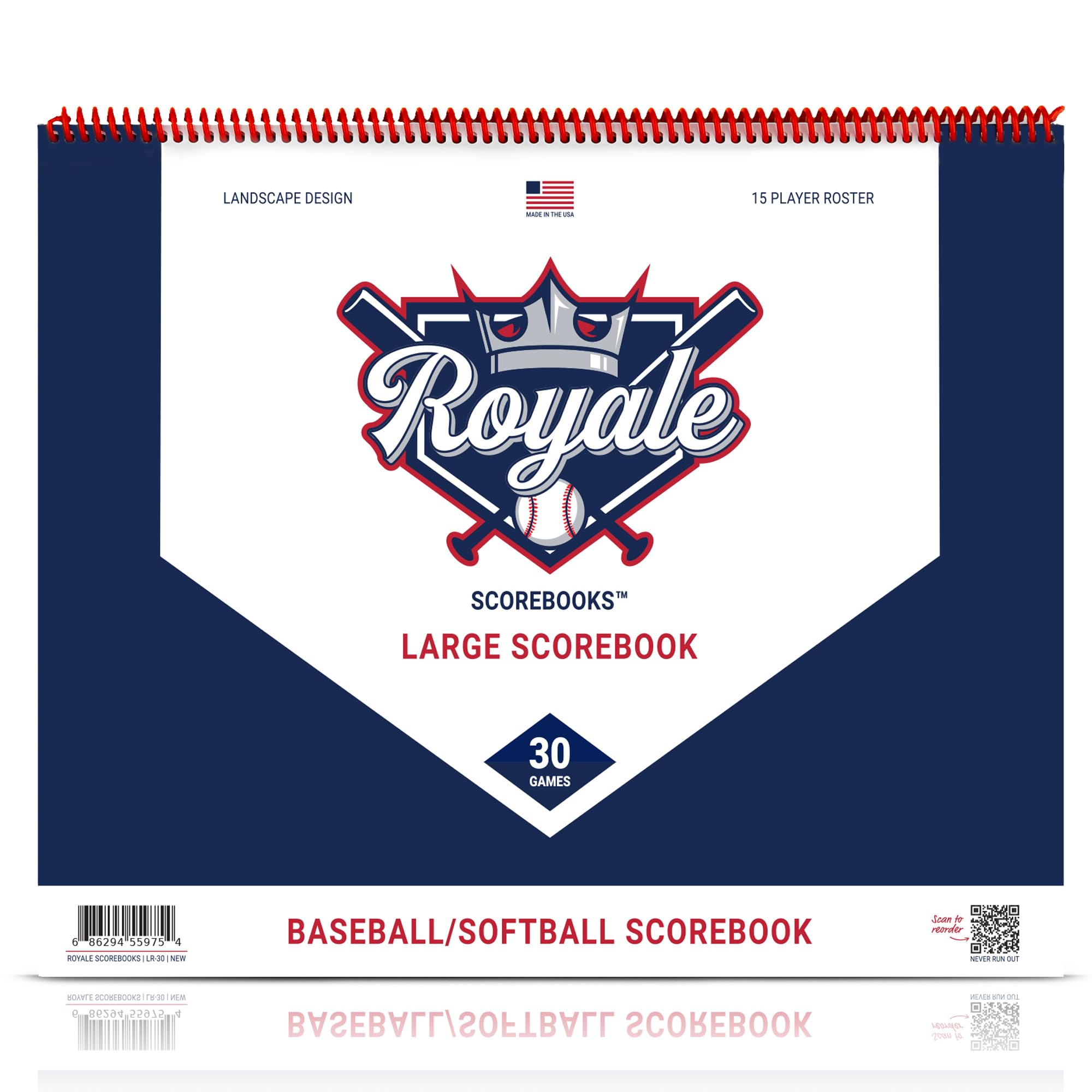 Royale Baseball/Softball Scorebook - 15 Players - 30 Games - 13.25" x 11.25" - Landscape - Extra Innings - Season Totals - Made in The USA