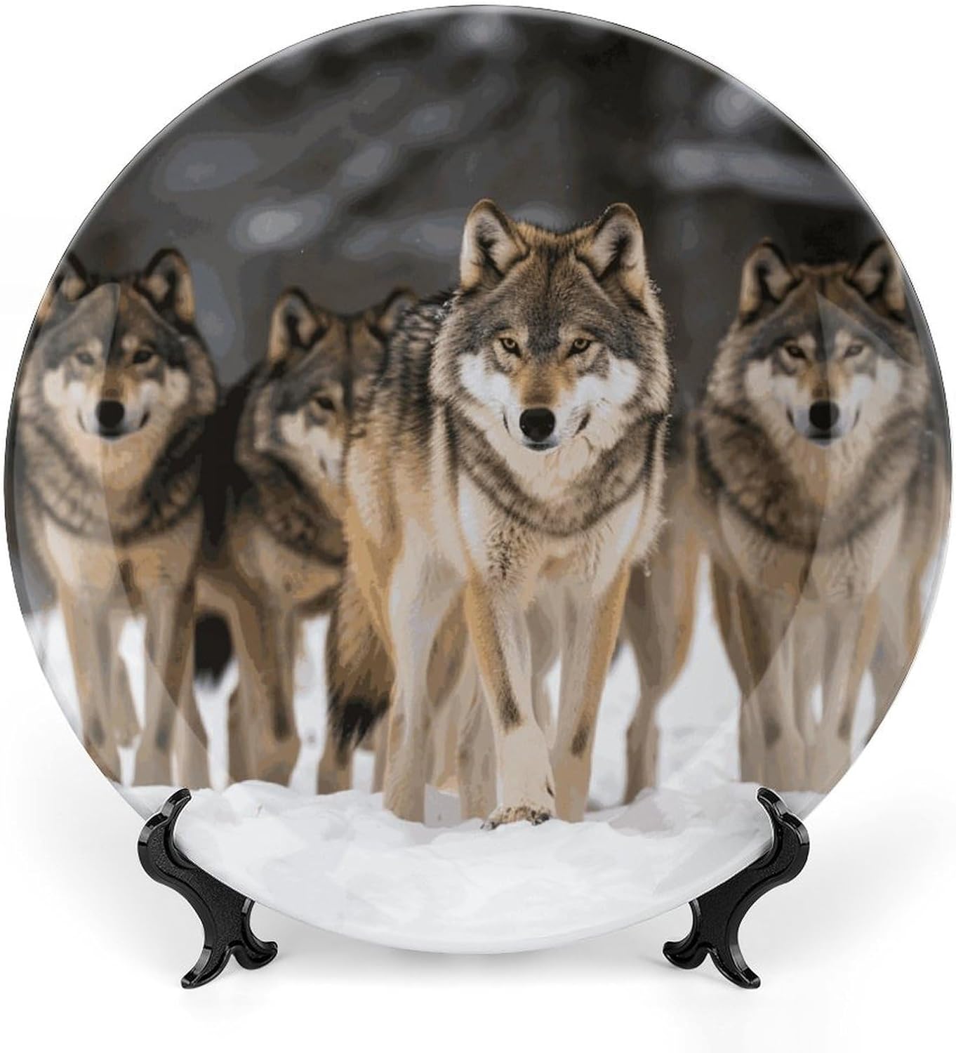 Pack of Wolves Bone China Decorative Plate with Display Stand, Ceramic Ornaments Plate for Wall Hanging, Personalized Porcelain Plates for Office, Living Room 8inch