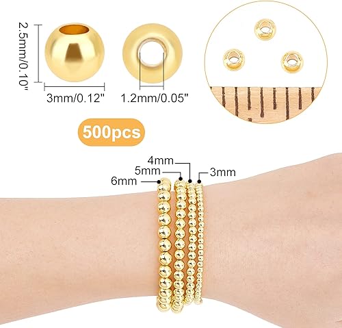 Miniatura 5 de PH PandaHall 500 cuentas de oro de 0.118 pulgadas chapadas en oro de 18 quilates, cuentas espaciadoras redondas lisas de larga duración, bolas