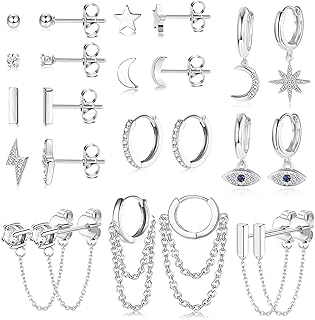 12Pairs 14K Gold Plated Huggie Hoop Studs Earrings Set for Women Hypoallergenic Small Dainty Chain Earrings moon star Ball CZ Cartilage Earrings Sets for Multiple Piercing