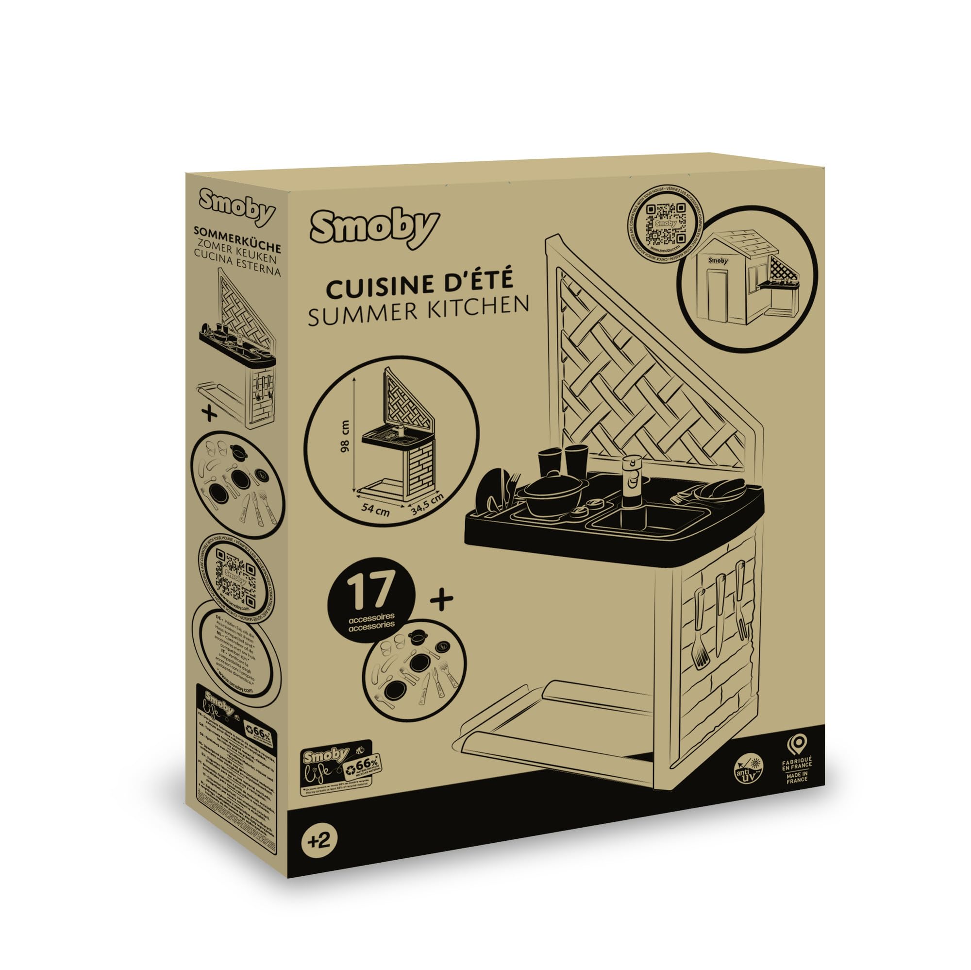 Smoby Life - Cocina de Verano - Compatible con Varias Casas - Parrilla, Fregadero con Grifo - Material Reciclado - A Partir de 2 años - Fabricado en Francia