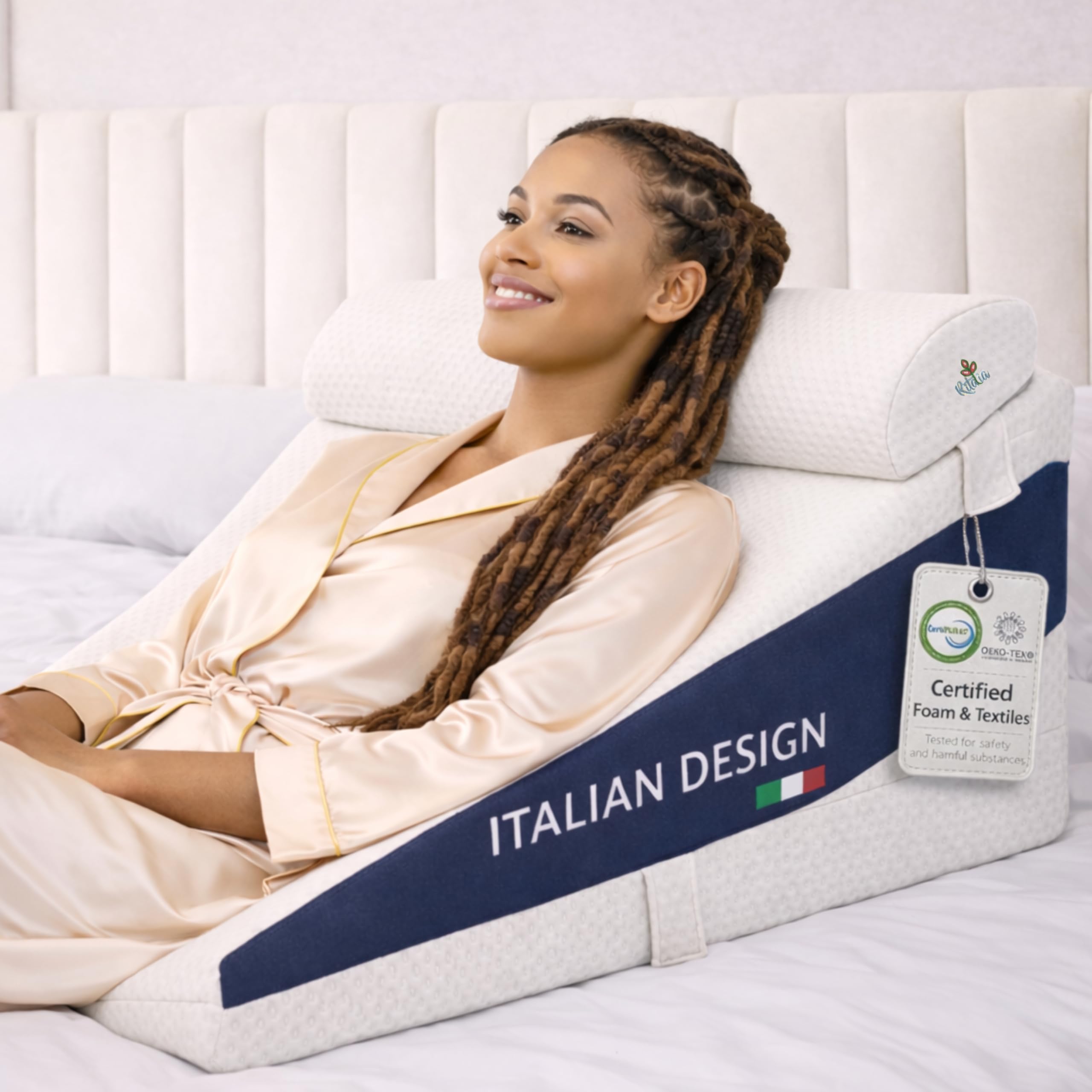 Ritalia Cuscino per Lettura LETTO 60x60x30 con 3 Altezze, Ideale come Cuscino Triangolare per Lettura e Alzapiedi Materasso Adulti, Realizzato in Schiuma Memory e Gel Iniettato.