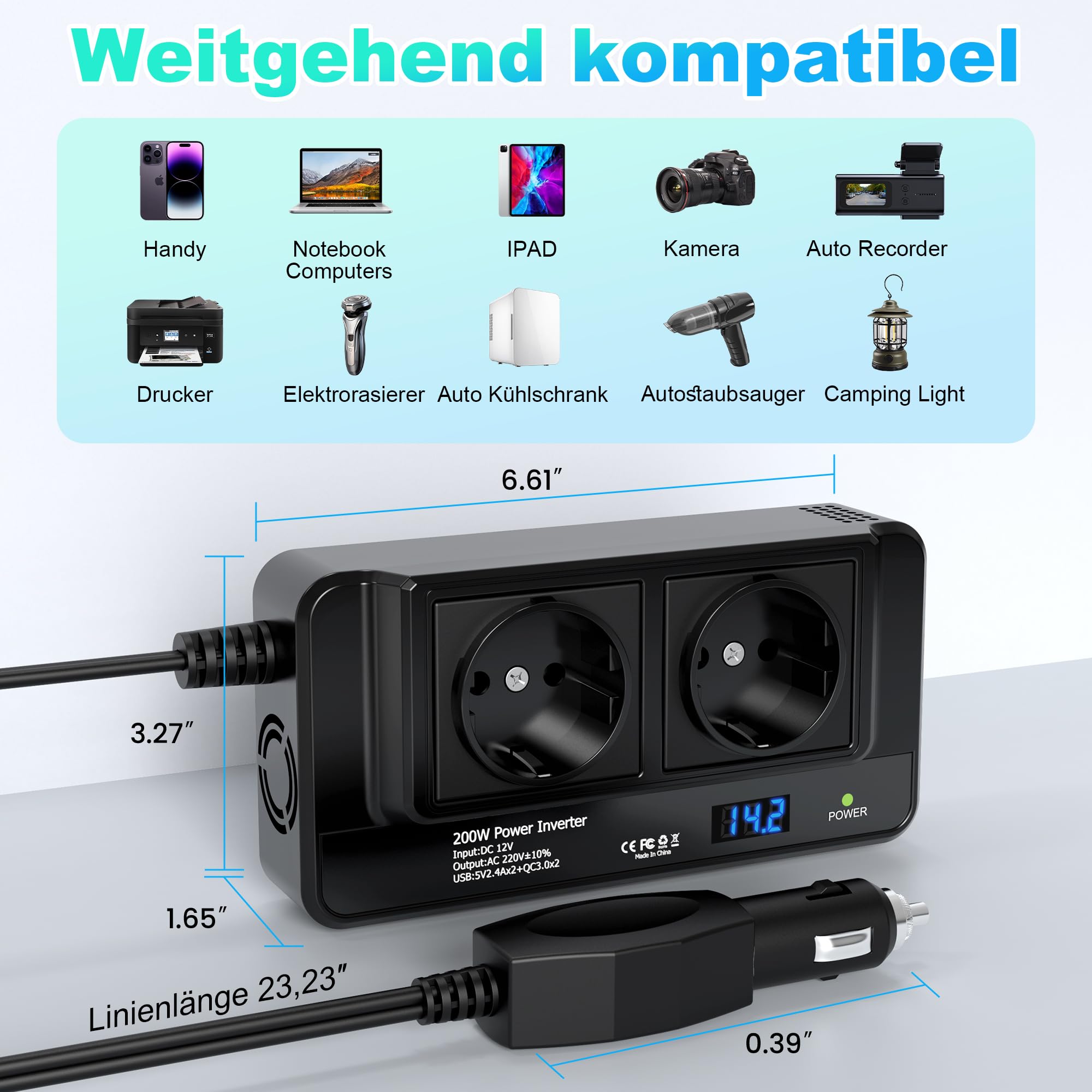 200W Auto Spannungswandler Wechselrichter DC 12V to AC 230V mit 2 Steckdosen und 4 USB Ports Schnelles Aufladen KFZ Ladegerät mit Zigarettenanzünderstecker für Geschaeftsfahrten und Urlaub