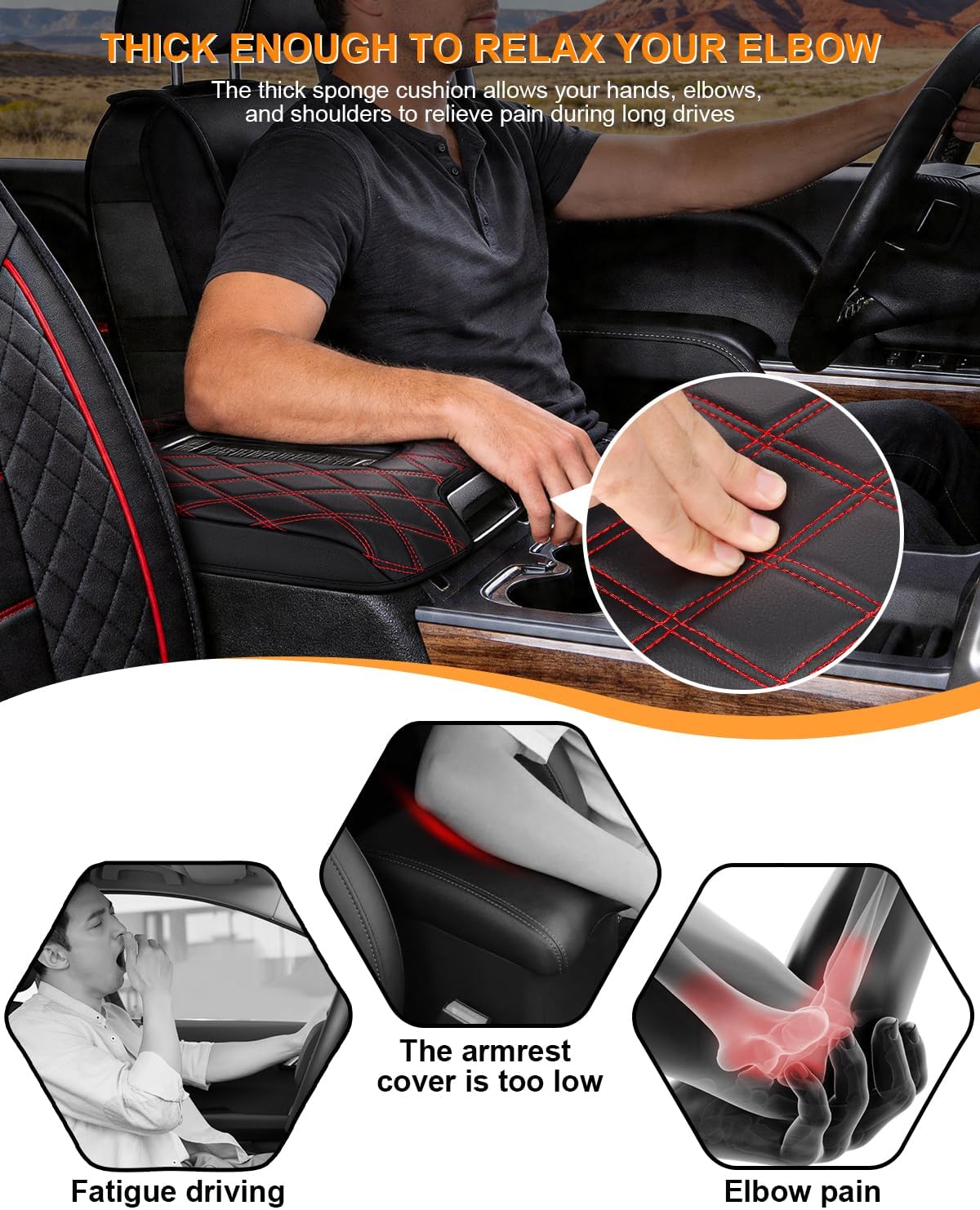 Center Console Armrest Cover for Chevy Chevrolet Silverado/GMC Sierra 2014-2018, Tahoe/Yukon/Suburban 2015-2020, PU Leather Middle Console Lid Protector Arm Rest Cushion Pad, Black/Red(Bucket Seat)