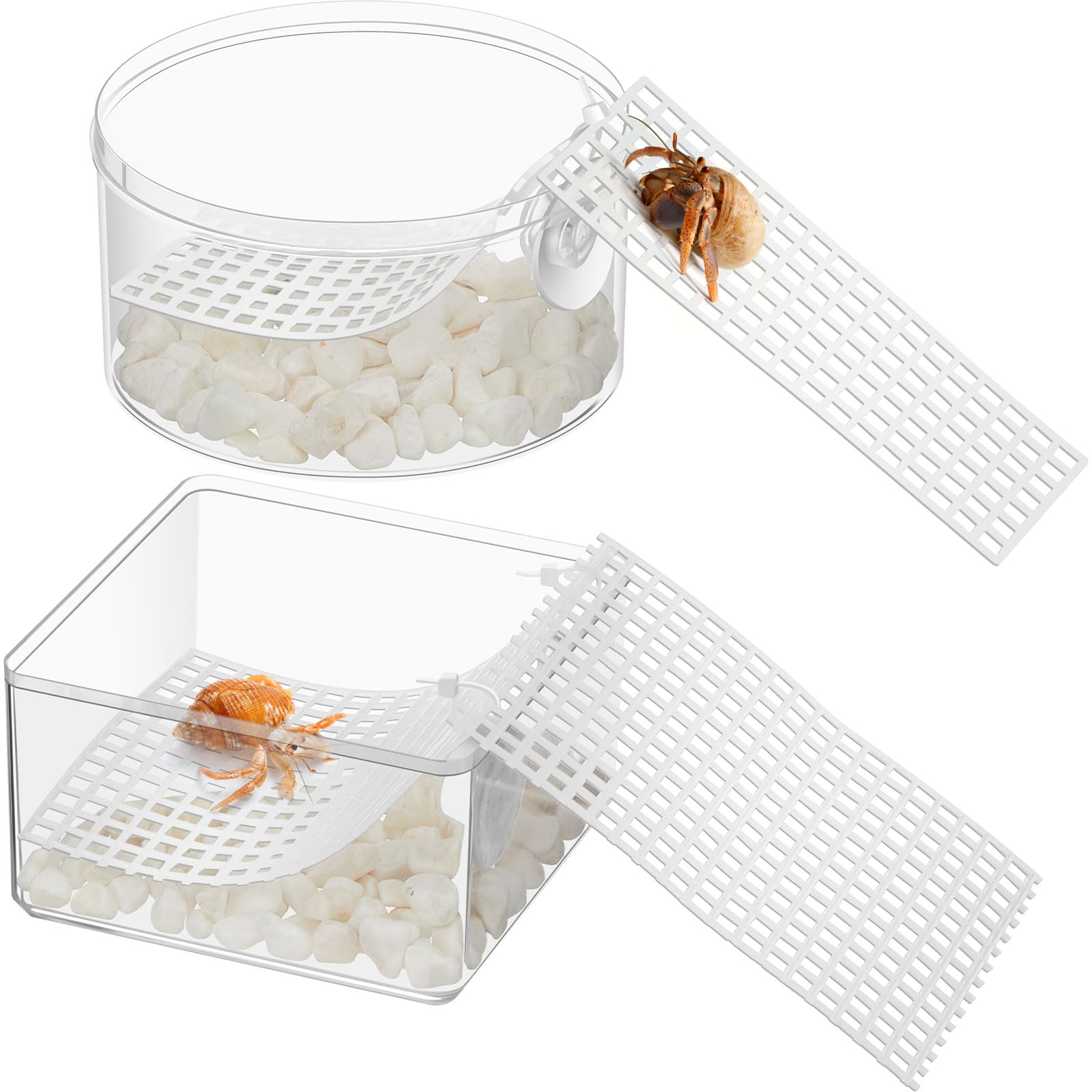 Thyle 2 Pieces Acrylic Hermit Crab Water Tank Set Freshwater Salt Water Pool Crab Cage Accessories with Climbing Ramp Suction Cups Zip Ties for Small or Medium Hermit Crab Habitat Home