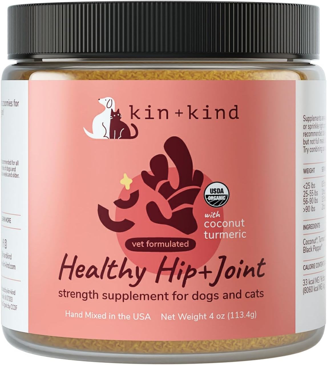 kin+kind Organic Hip & Joint Supplement for Dogs & Cats - Vet Formulated with Turmeric, Black Pepper & Coconut - Natural Supplement for Dog & Cat Joint Support & Health - Made in USA : Pet Supplies