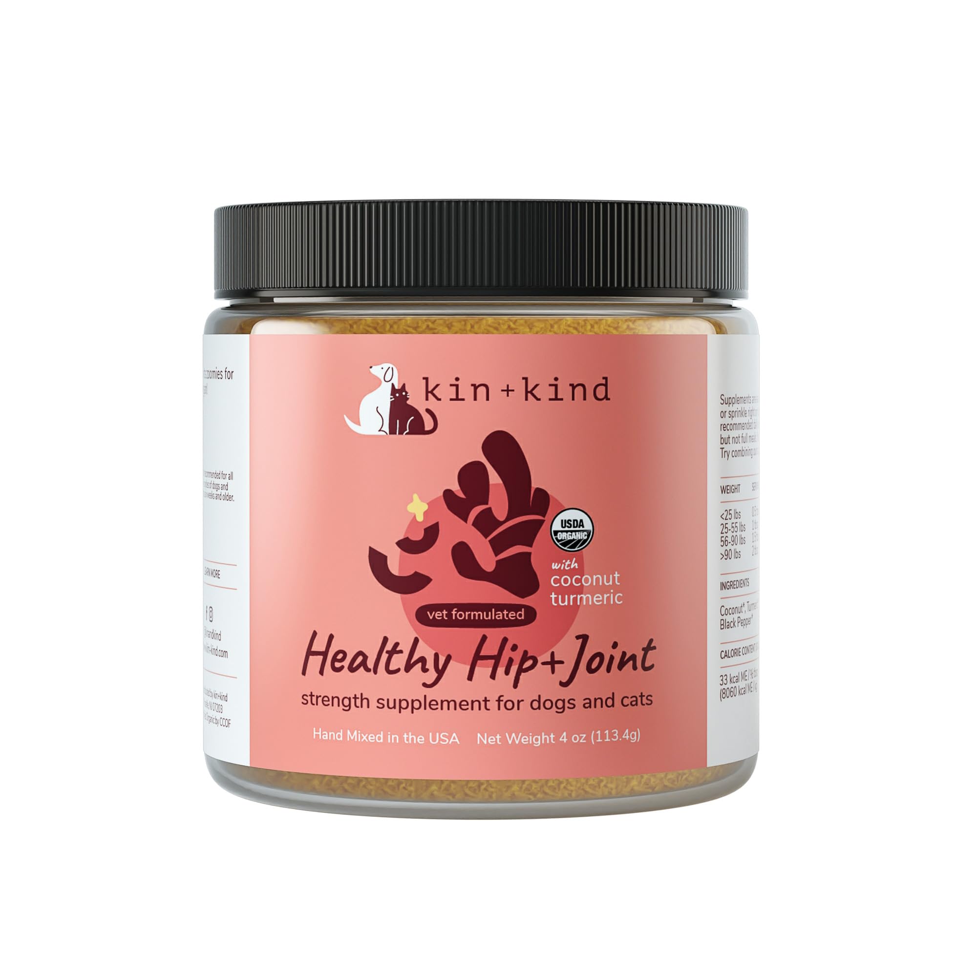 kin+kind Hip+Joint Supplement Dogs & Cats - Vet Formulated Natural Formula with Organic Turmeric, Black Pepper and Coconut- Made in USA - 4 oz (Medium)