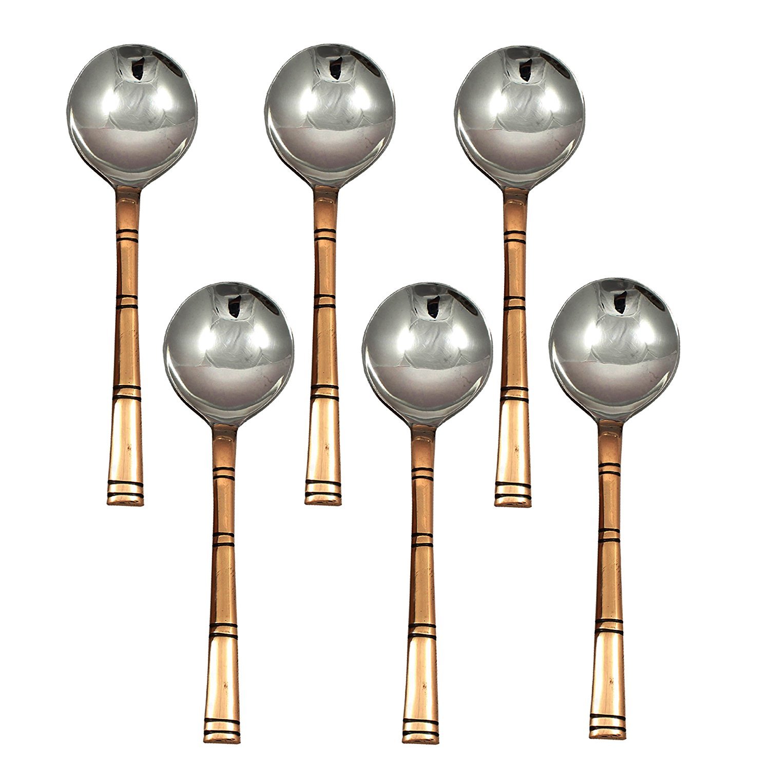 Rastogi Handicrafts Juego de 6 cucharas de postre asiáticas de acero inoxidable con asas de cobre