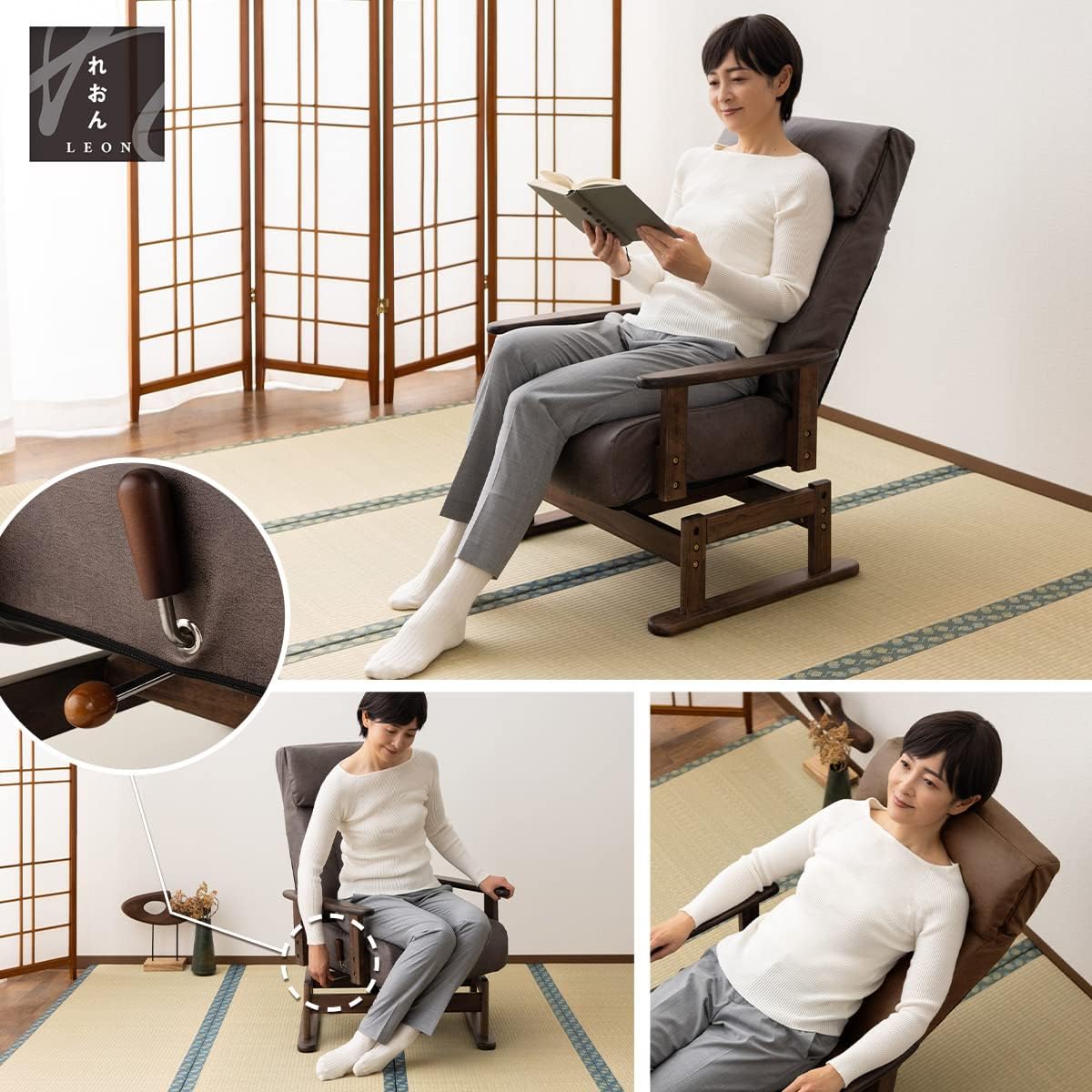 User demonstrating swivel and reclining features with safety stopper