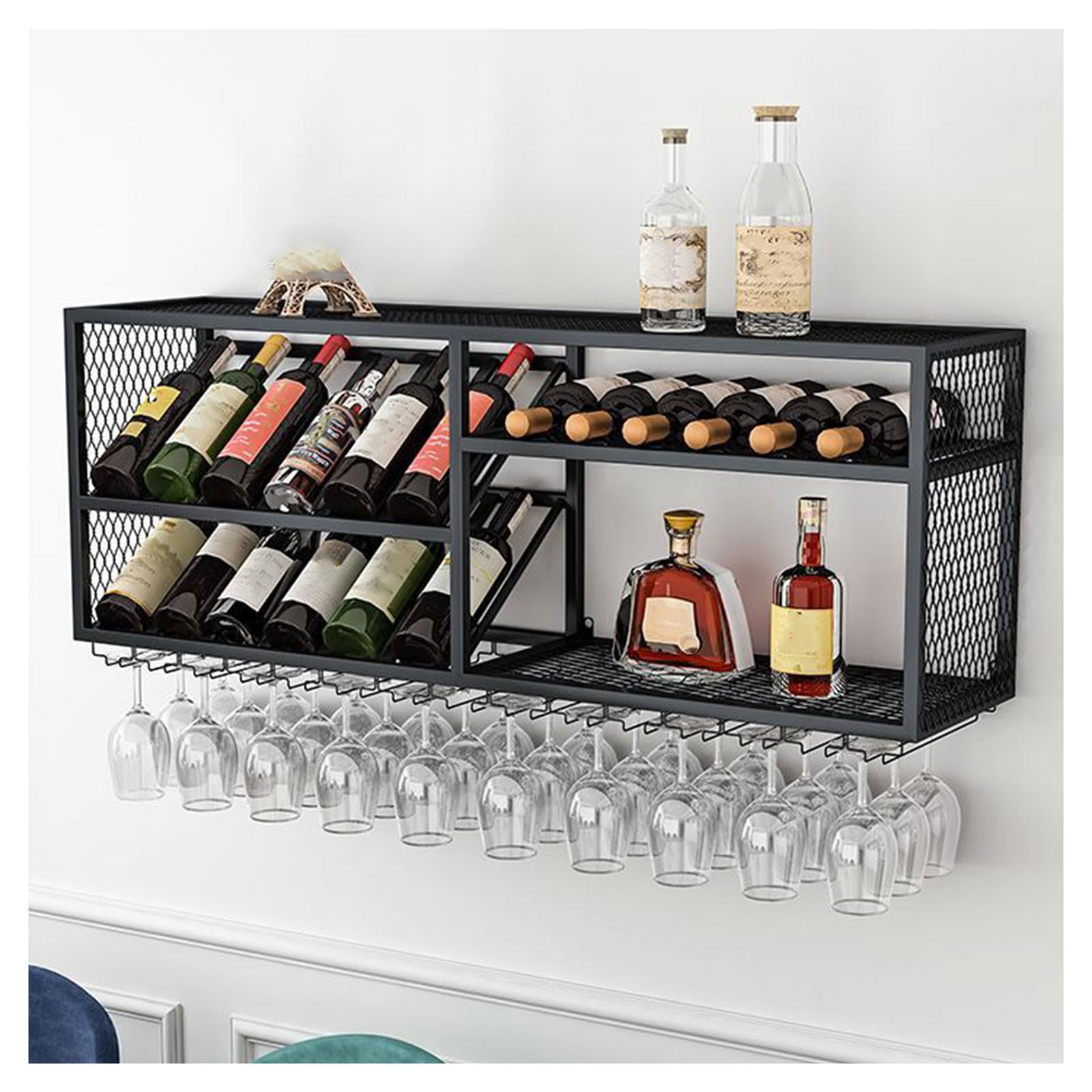 Porte-bouteilles mural design en métal 120cm pour rangement bouteille et verre