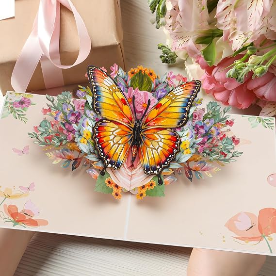 Pop Up Birthday Card, 3D Flower Butterfly Card with Envelope for Mother's Day, Anniversary, Valentines Day, Thank You Greeting Card for Mom Wife Daughter Sister Girls