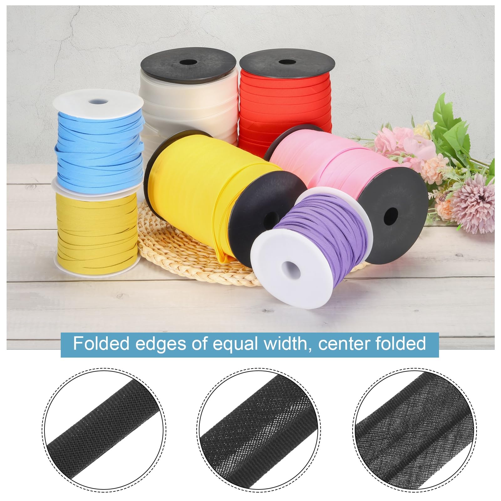 MECCANIXITY Cinta al bies de doble pliegue de poliéster de 1/4 pulgadas, cinta al bies continua a granel para costura, costura, acolchado, dobladillo, manualidades (negro 55 yardas)