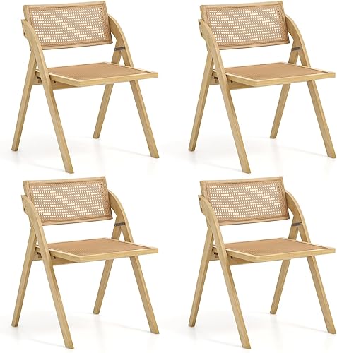 Giantex Juego de 4 sillas plegables de comedor, sillas plegables de madera con respaldo y asiento de ratán, marco de madera de goma resistente,