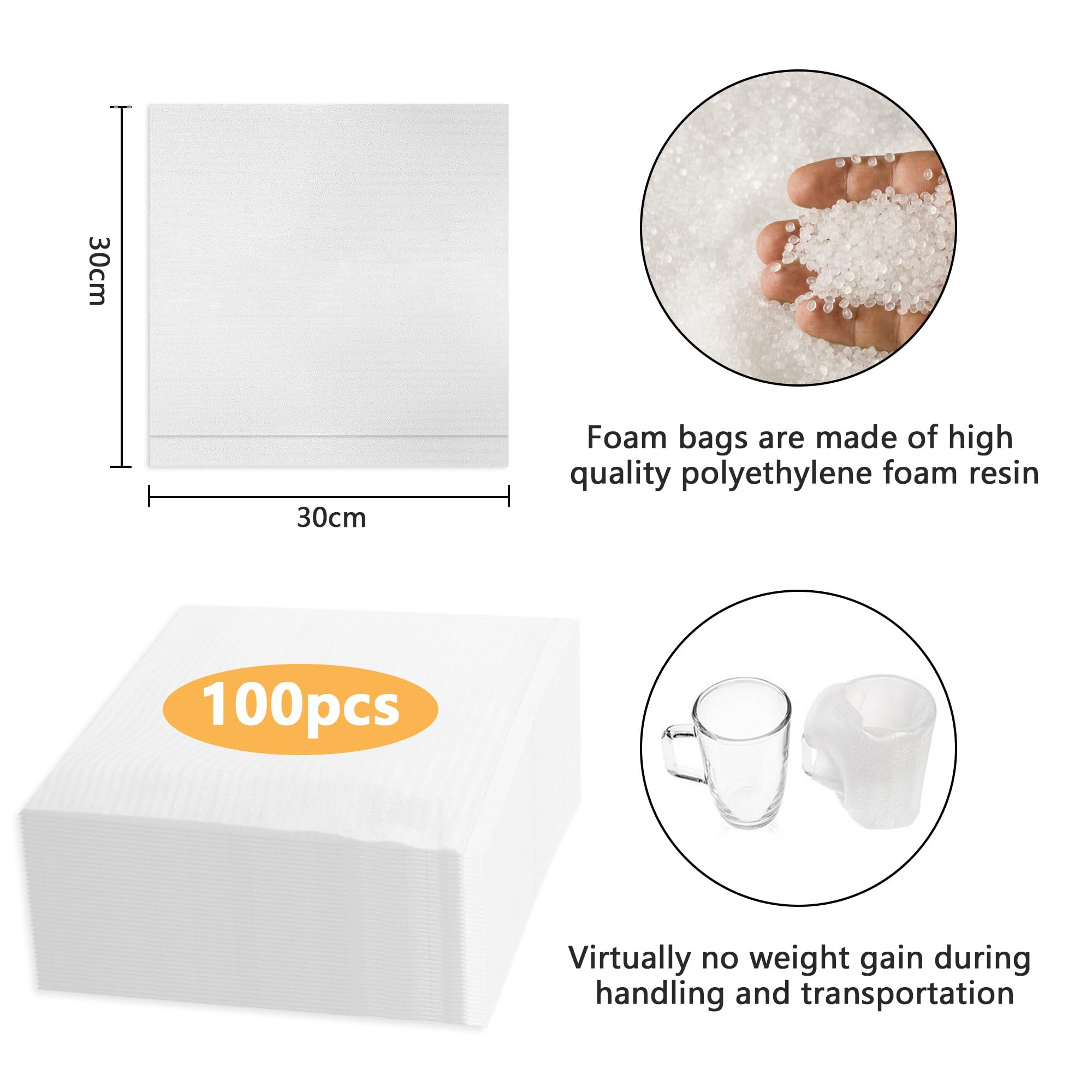 100 Stück 30 x 30 cm Schaumstoff Beutel Schaumfolie, Schaumstoffverpackung, Weiß Schaumfolie Verpackung, Verpackungsmaterial für Umzug Glas Möbel Porzellan Geschirr