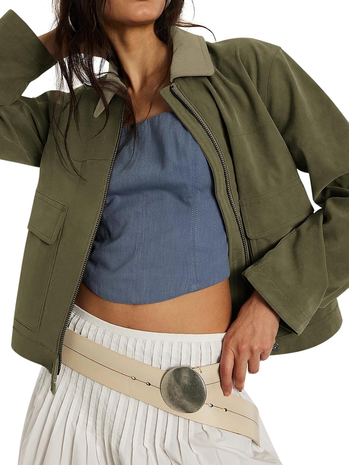 COCCKO Women's Faux Suede Cropped Jacket Casual Zip Up Jackets Contrast Collar Fleece Winter Coats Outerwear with Pockets - Image 5