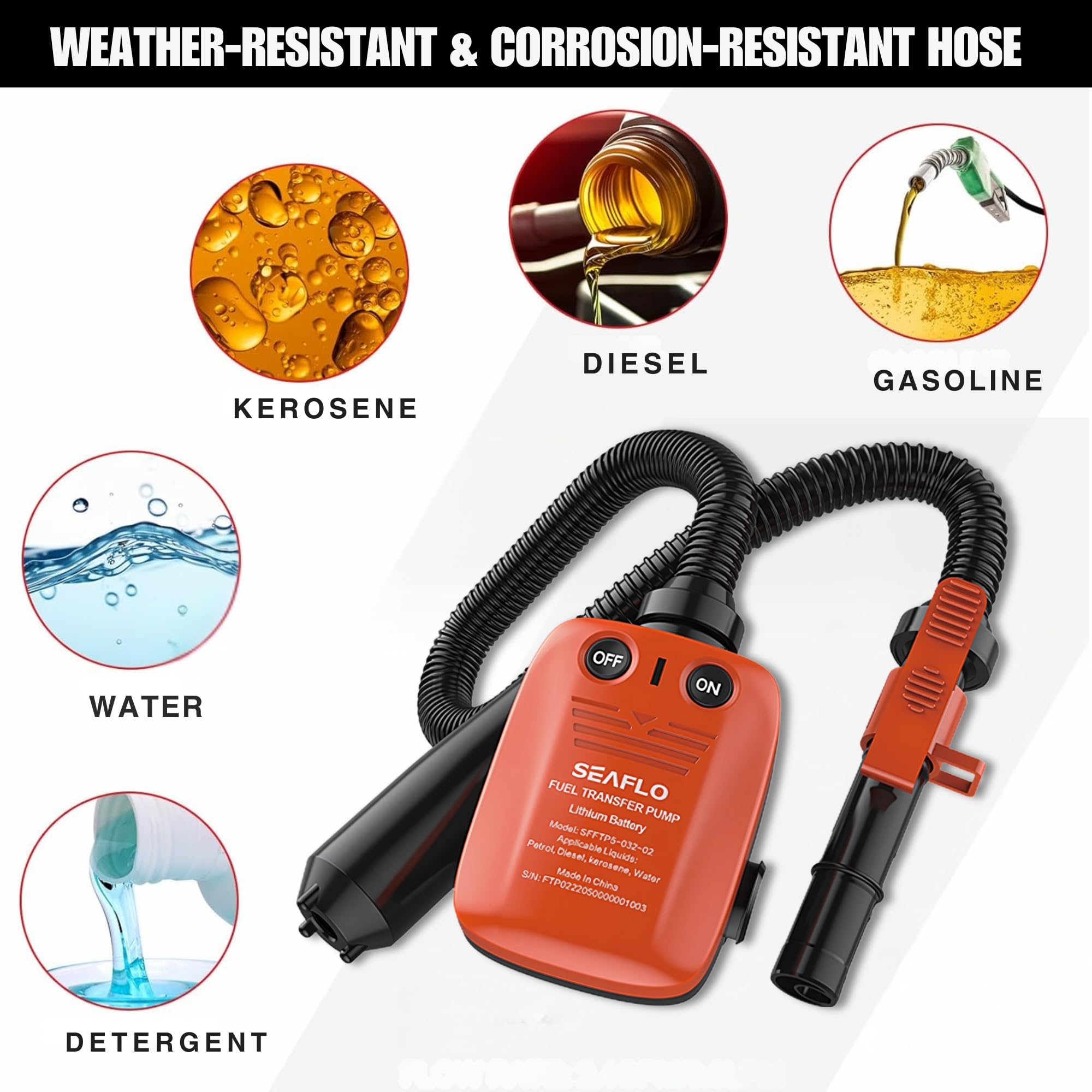 SEAFLO Pompe de transfert de pompe à carburant électrique automatique rechargeable (débit 2,3 GPM - 3,1 GPM) avec tuyau d'aspiration longueur (465 mm) et tuyau d'évacuation flexible Longueur : 1050 mm