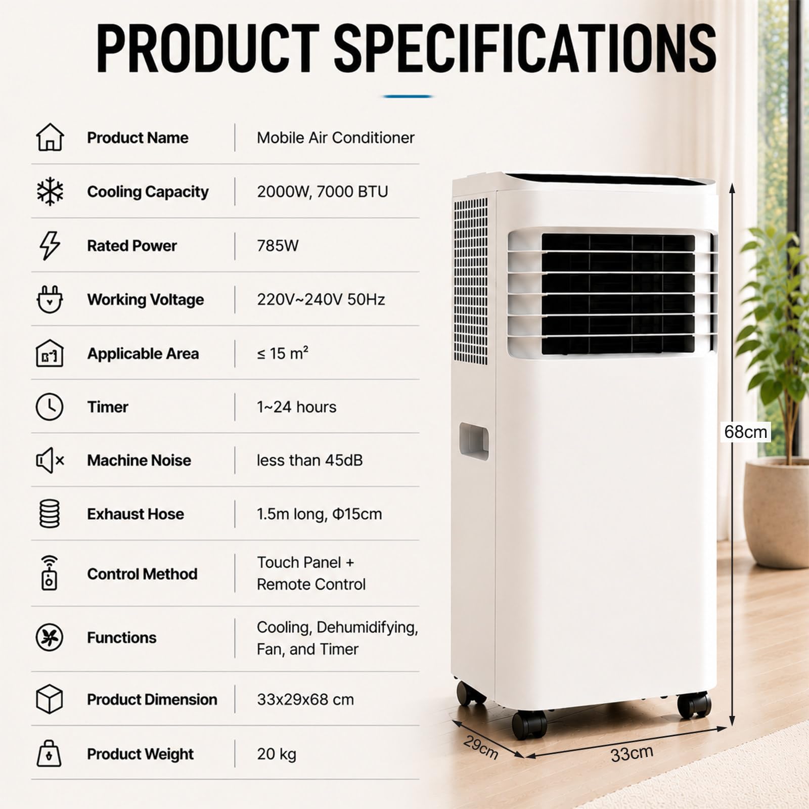 Klimatyzator Mobilny 7000 BTU do 15 m² | Przenośna Klimatyzacja Domowa 220 V do Kampera, Chłodzenie / Osuszanie / Wentylator / Timer 1-24h, łatwa Instalacja