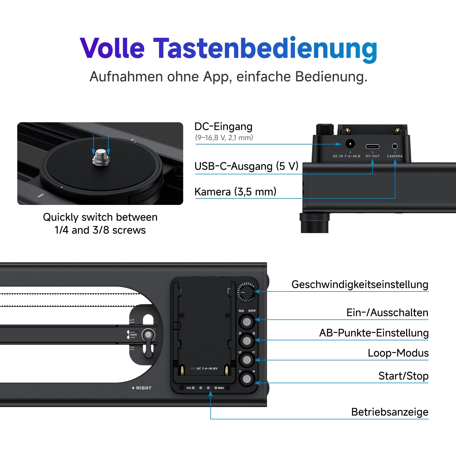Accsoon - Toprig S60 - Slider motorizzato per riprese video - Carico massimo di 2 kg in verticale e 4 kg in orizzontale - Velocità 5 cm/s - Distanza massima di spostamento: 425 mm