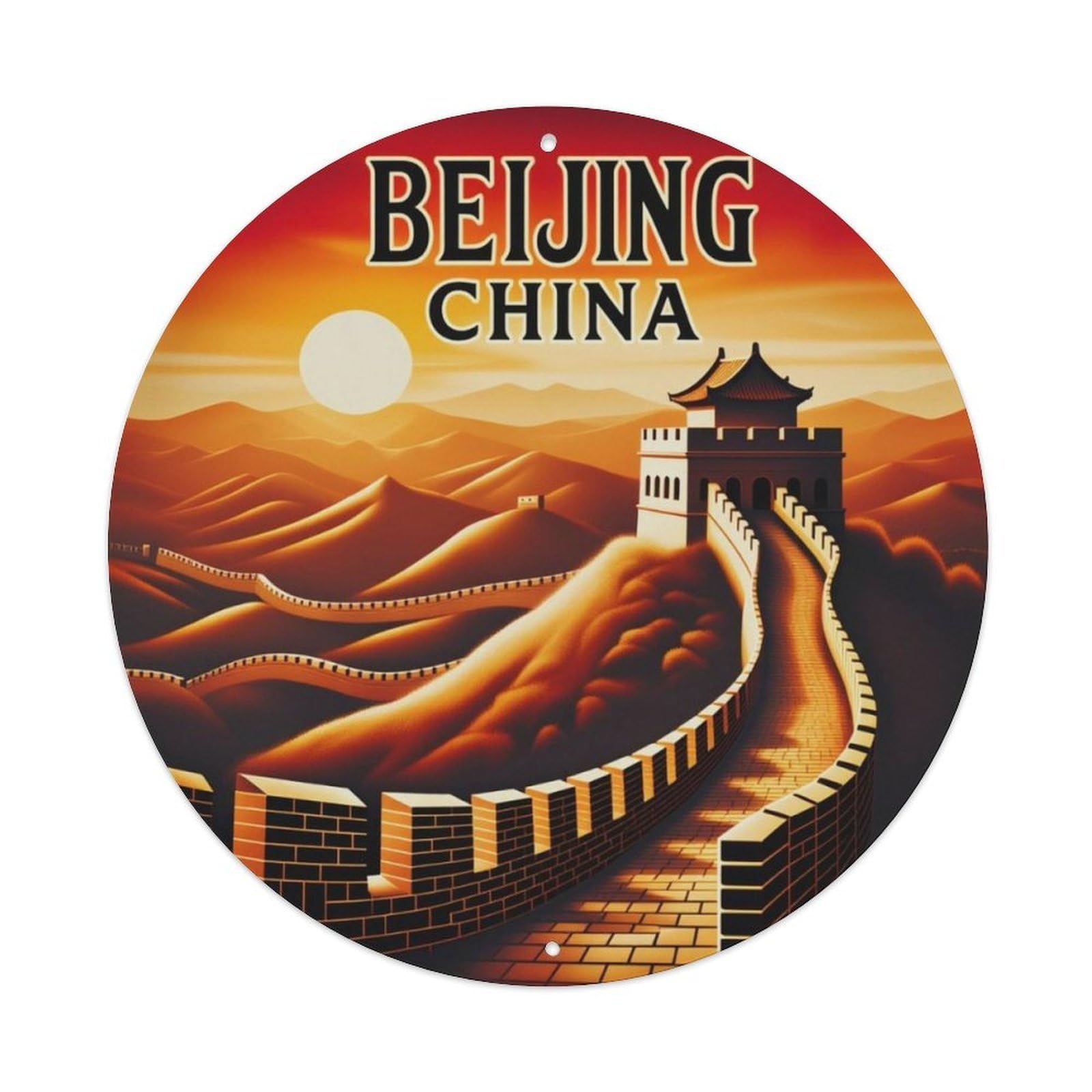 Vintage Beijing Great Wall Sunset Travel Landscape Round Sign Vintage Aluminium Metal Sign, Retro Wall Decor for Home, Bar, Garage & Farmhouse 20x20cm