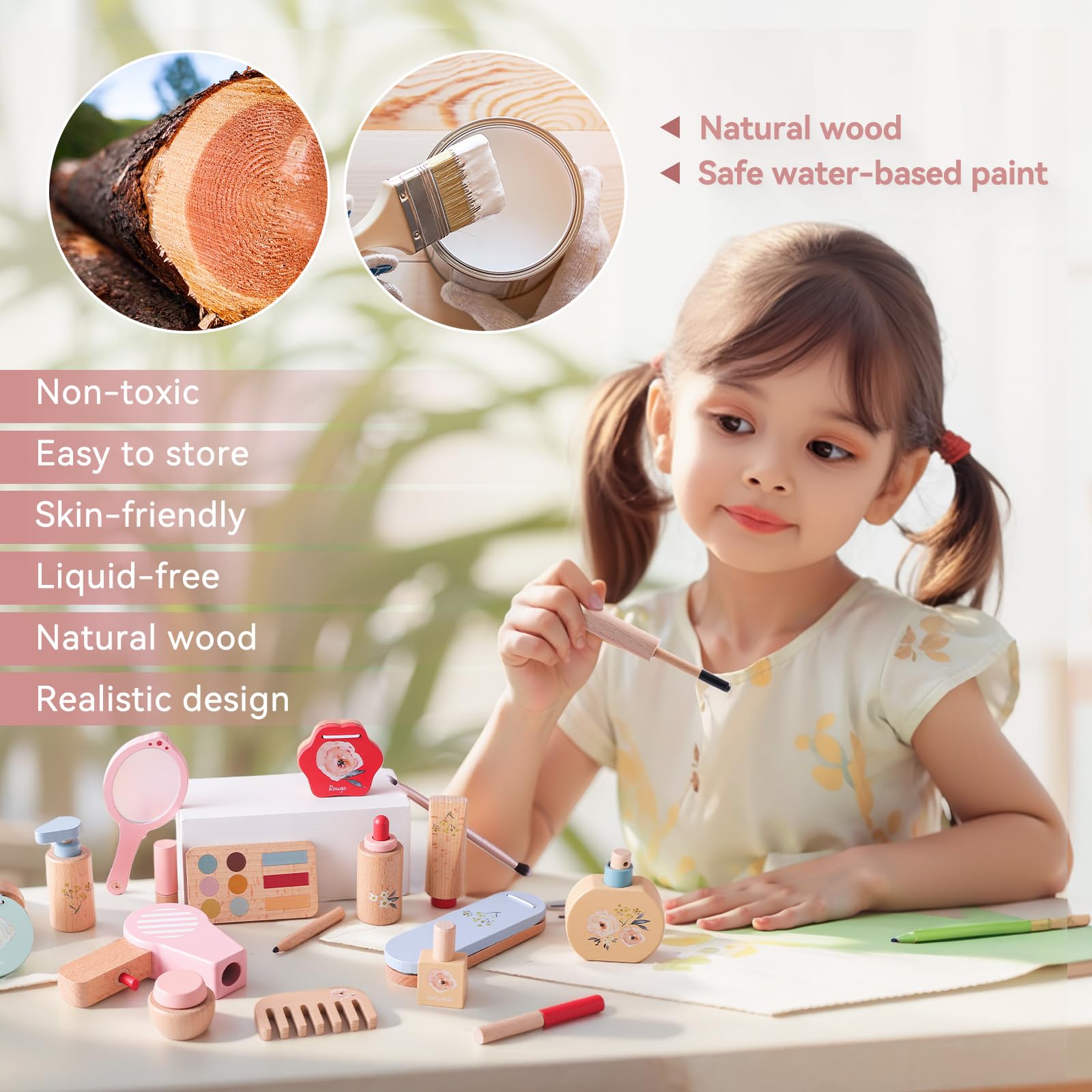 SOKA Wooden Makeup Pretend Play Toy Set Vanity Beauty Cosmetic Make Up Kit With Cute Case Makeover Role Play Games For Kids Children Little Girls Ages 3 Year Old - Ltd - View #4