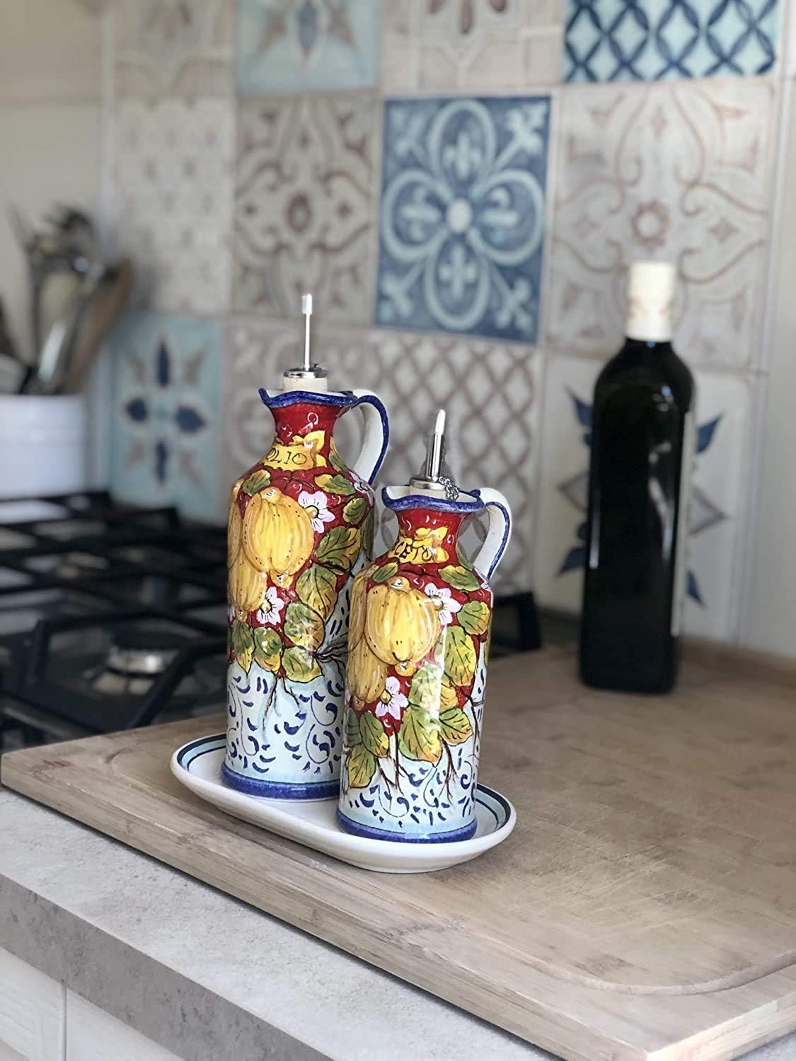 CERAMICHE D'ARTE PARRINI - Italian Pottery Ceramic Art Pottery Dispenser Set Oil Cruet Vinegar Decorated Lemons Tuscany Hand Painted Made in ITALY Florence