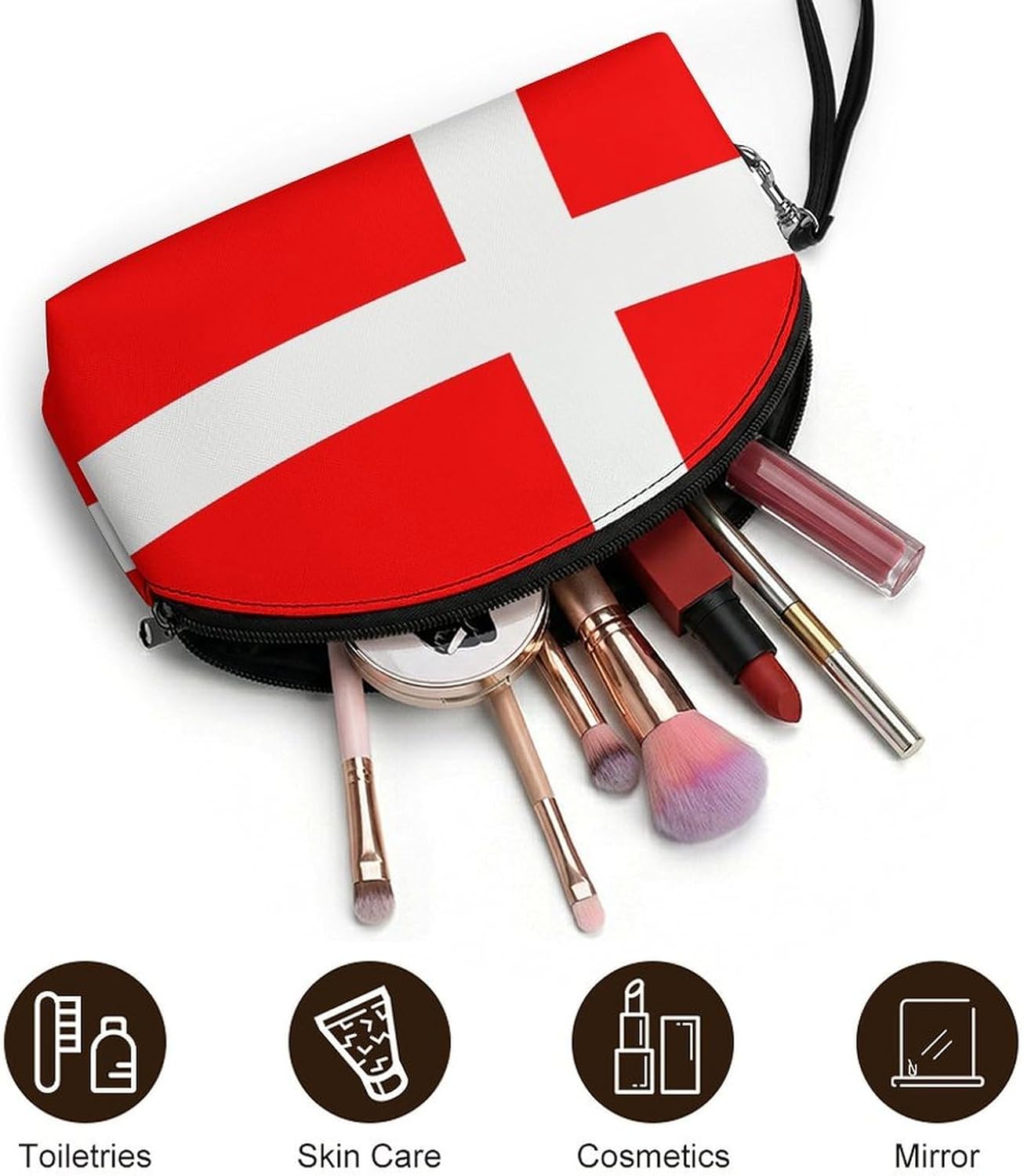 Travel Makeup Bag for Women Large Capacity Leather Cosmetic Bags Organizer Portable Toiletry Bag Denmark Danish Flag Make Up Bags Small Cosmetic Case Waterproof Zipper Pouch image 5