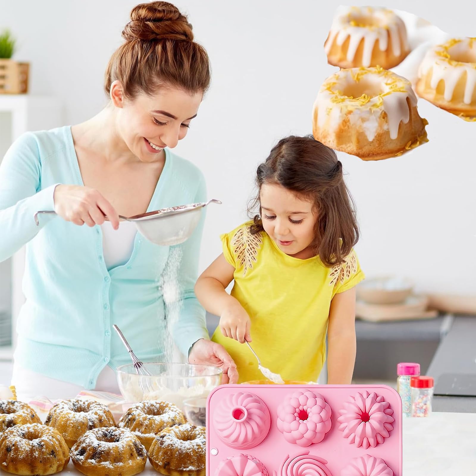 2 x silikonowa forma do pieczenia Kouglof, 6 różnych kształtów, wzór rowków, silikonowa forma do pieczenia ciast, deserów, czekolady, galaretki (różowa, niebieska)