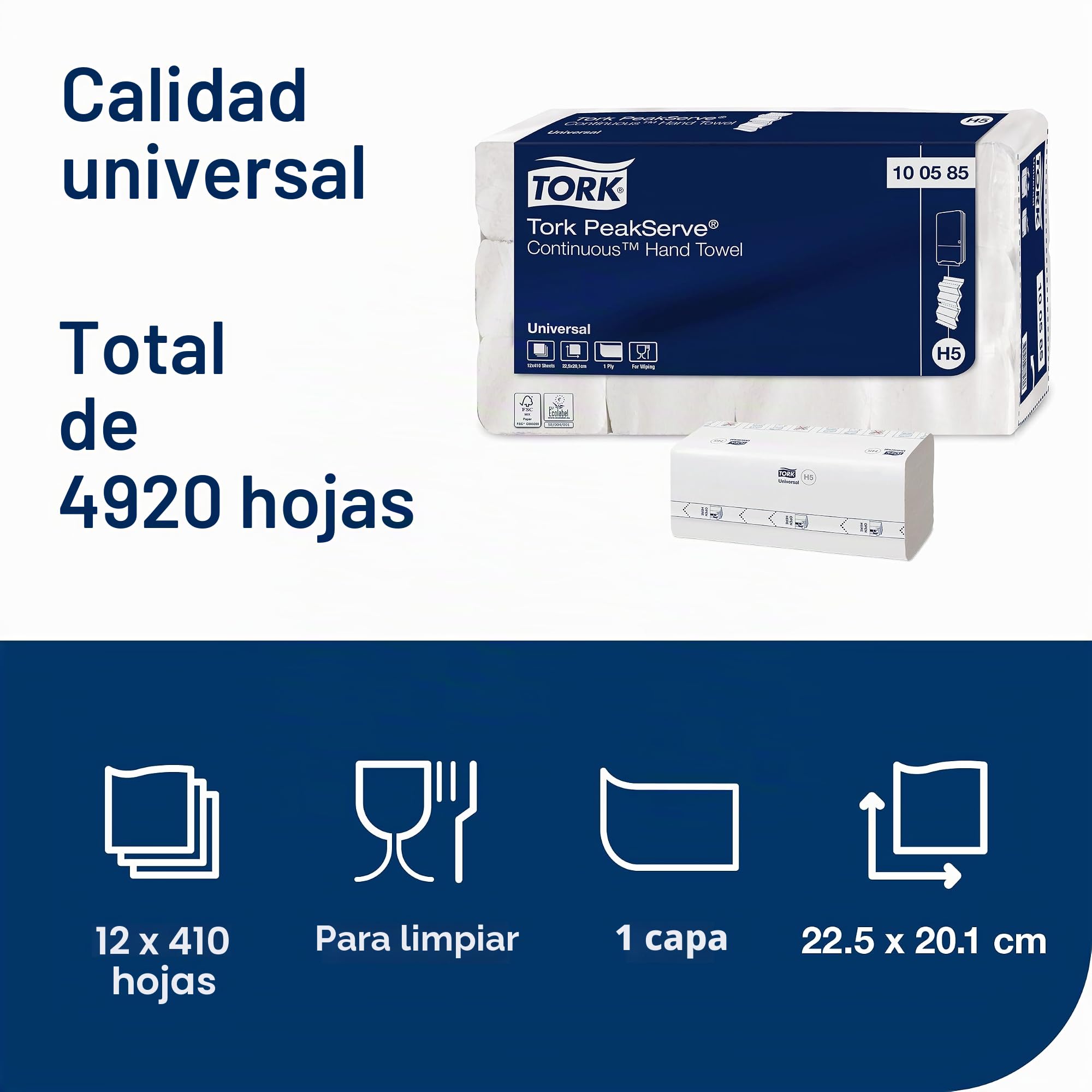 Tork PeakServe Toallas de Mano en Continuo Blanco H5, Universal, Comprimidas, 4920 Servicios, 100585