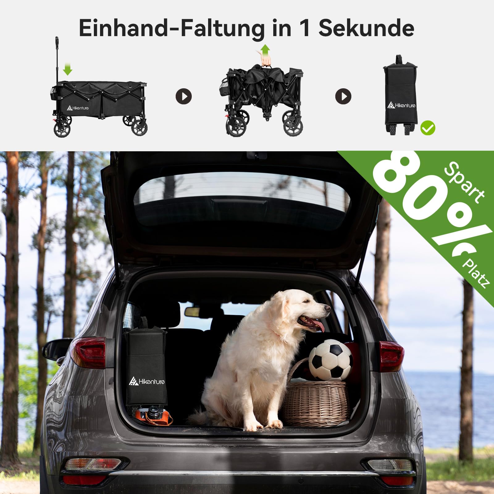 HIKENTURE Bollerwagen Faltbar 135L - Faltbarer Bollerwagen 150KG belastbar - Klappbarer Handwagen für Strand Camping Einkaufen - Faltbollerwagen