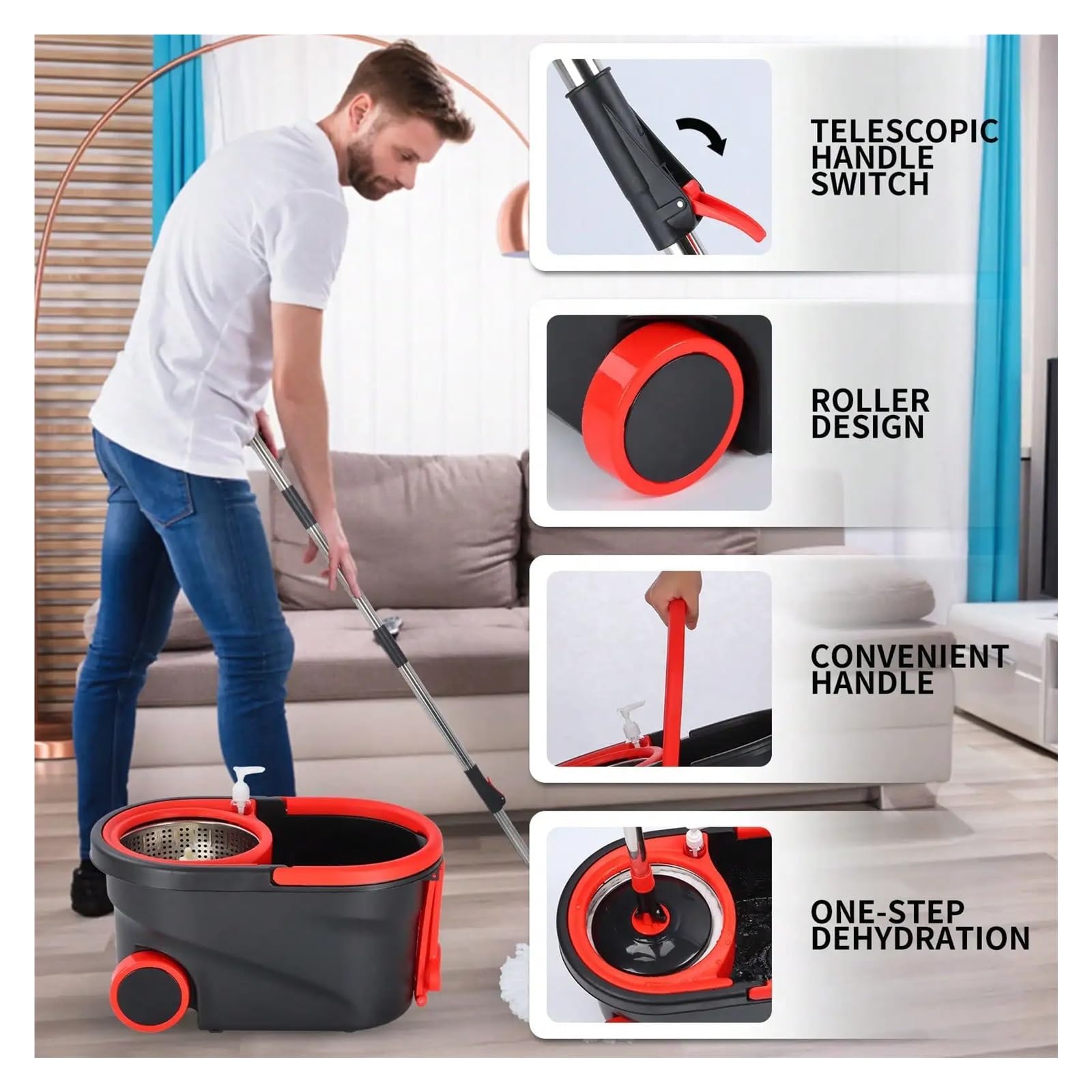 Fregona Juego de Cubos for trapeador con Ruedas Resistentes con escurridor y 3 Cabezales de Repuesto de Microfibra, Perfecto for el hogar, la Cocina, el Dormitorio y la Sala de Estar.