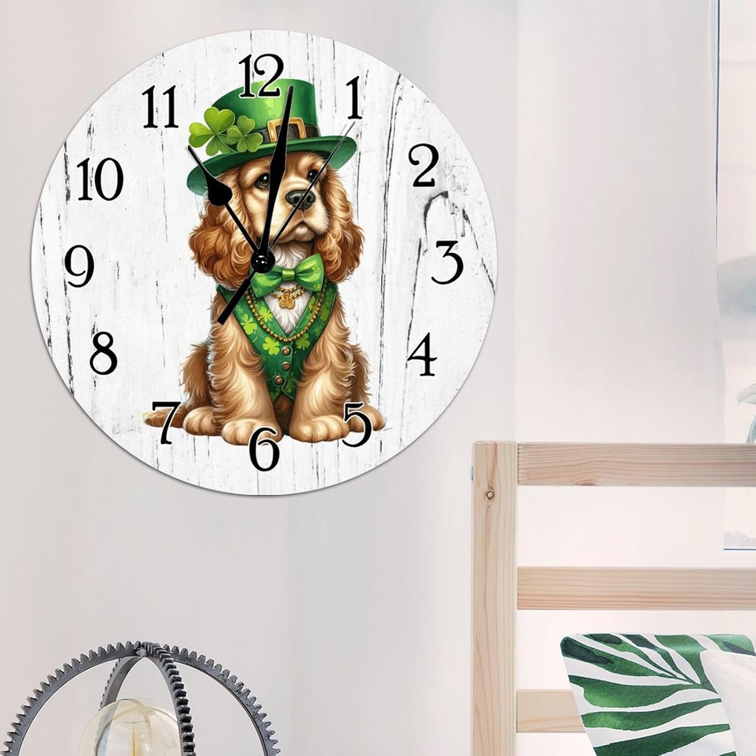Cocker Spaniel Dog Green Leprechaun Hat Leaf Clocks Cocker Spaniel Dog St. Patrick's Day Wooden Decorative Clocks Battery Operated Round Clocks Dog Memorial Art Clock 12x12in