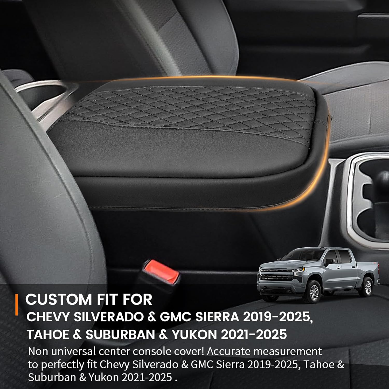 Car Center Console Cover for Chevy Silverado GMC Sierra 2019-2026, Tahoe & Suburban & Yukon 2021-2026 Bucket Seat, PU Armrest Cover Center Console Pad Interior Accessories, Anti-Scratch, Black