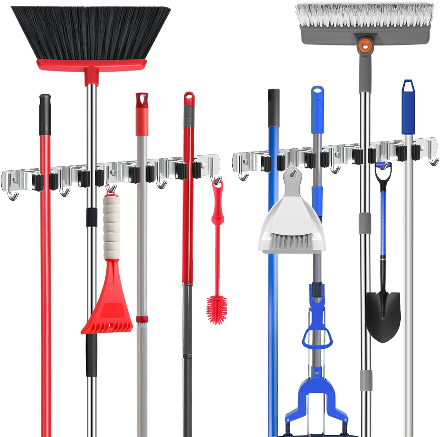 nacena 2 Pack Broom Holder Wall Mount Mop Hanger, Stainless Steel 4 Racks 5 Hooks Self Adhesive Heavy Duty Tool Organizer for Garage Kitchen Garden Laundry Room Home (Silver