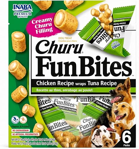 INABA Churu FunBites Dog Treat, Chicken wraps Tuna, 6 Packs | Creamy Churu Filling, No Carrageenan, Vitamin E Added, No Artificial Preservatives, Grain Free