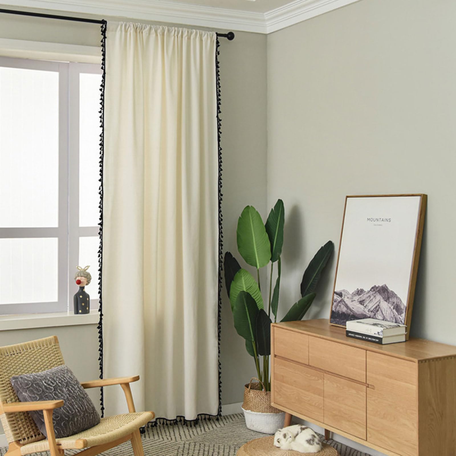 Dostear Voile Curtains for Windows Net Curtains Light Filtering Blackout Curtains Thermal Insulated Bedroom Black Tassel Rod 150x160cm