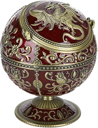 Miniatura 4 de Garosa Cenicero a prueba de viento con forma esférica de dragón patrón de aleación de zinc cenicero fumar con tapa para manualidades, decoración de