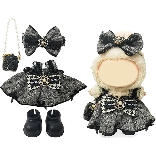 Clothes Compatible with LABUBU Doll – 4PCS Houndstooth lace Dress Set, 17cm Doll Clothes Designer Outfit for Urban Chic Theme, Classic Stylish Accessories for Labubu, No Doll (Houndstooth Rebel)